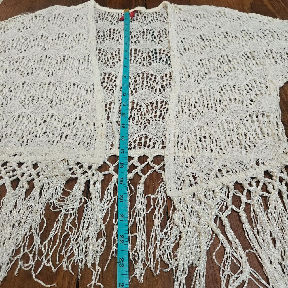 Red Camel Cream Crochet Open Front Top Sz S Fringe Boho Festival Layer Hippie - Picture 9 of 9